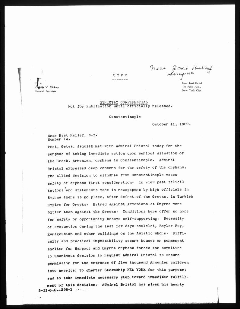 Confidential cable: NER’s leaders and Admiral Bristol agree to evacuate five thousand Armenian children, Constantinople, 11 October 1922.