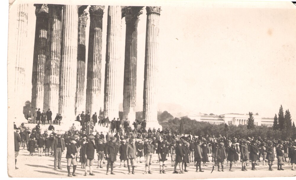 Boys parade below the temple and the Zappeion. Athens, c. 1923.