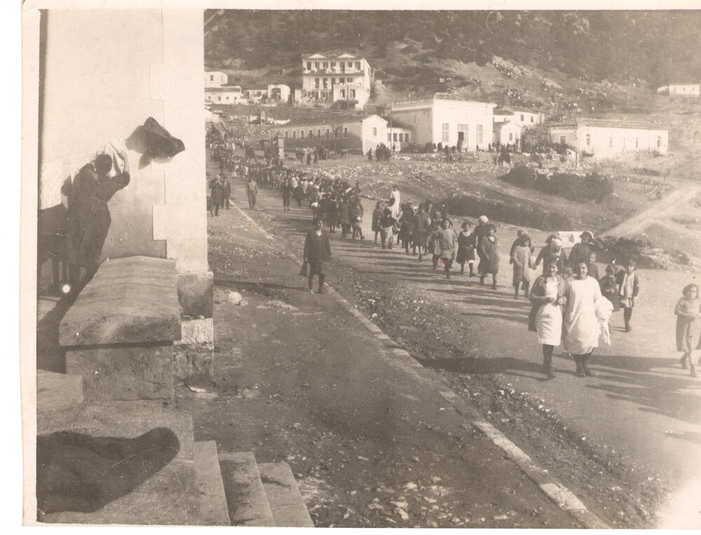 Children file to dinner in the winter resort. Edipsos, c. 1923.