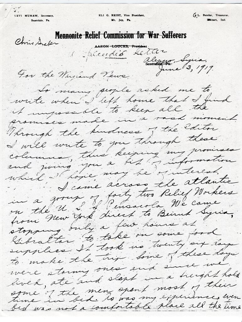 Chris Graber writes home from Aleppo for the Wayland News. June 3, 1919.